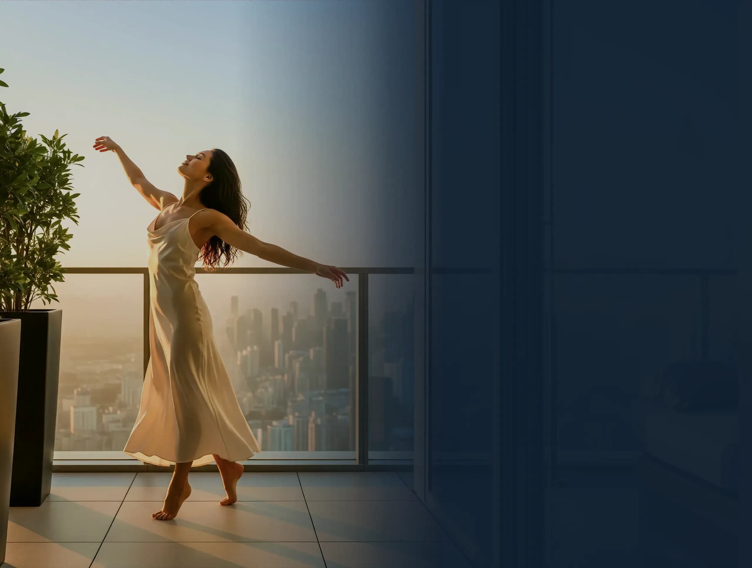 Woman dancing on a sunlit balcony overlooking the city