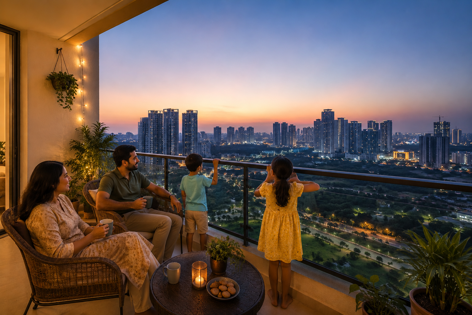 A family taking in the city view from the windows of their high-rise home
